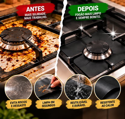 ShineGuard™ — Protectores Reutilizáveis para Fogão | Conjunto de 4 Peças para Ajudar a Evitar Gordura e Resíduos.